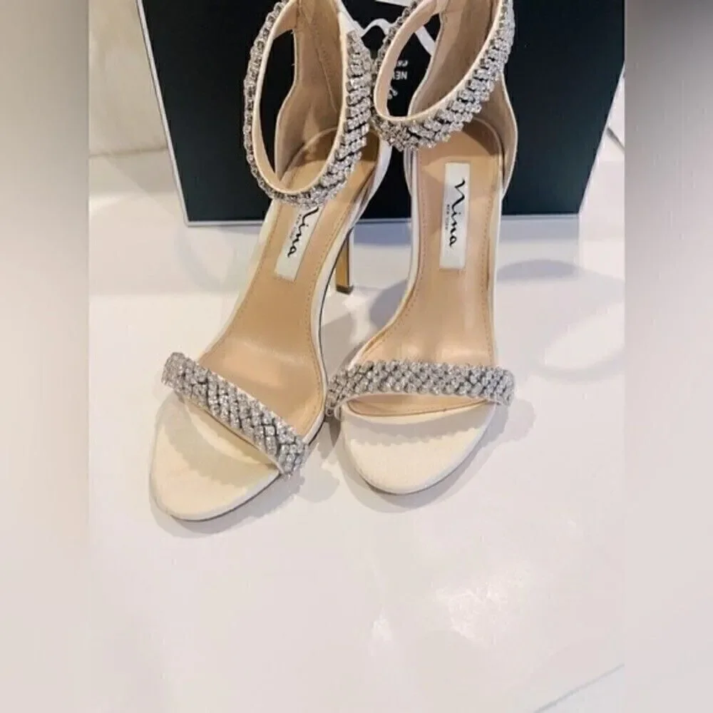 NINA Women's Ivory Vauna Ankle Strap Sandal $108.95 Rows of crystals shoes